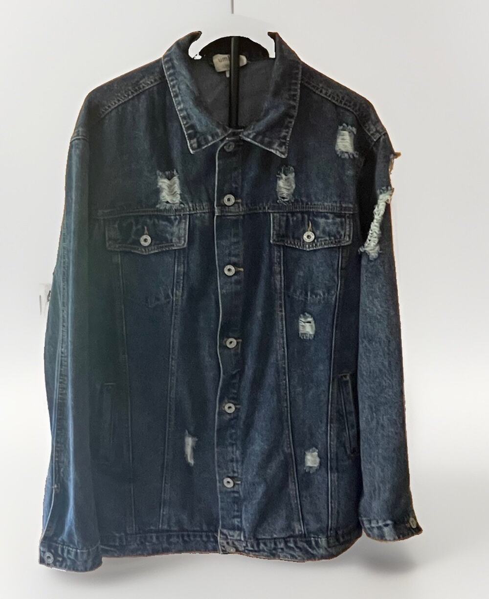 Umgee Distressed Denim Jacket Womens XL Dark Wash Ripped Jean Trucker Shacket